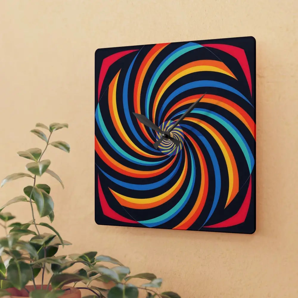 Acrylic wall clock with colorful spiral design in PixiOnyx Spirograph Swirl collection