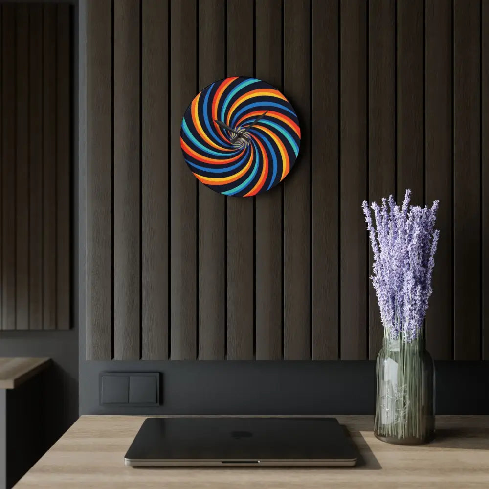 Colorful swirling wall art on Acrylic Wall Clock Spirograph Swirl from PixiOnyx