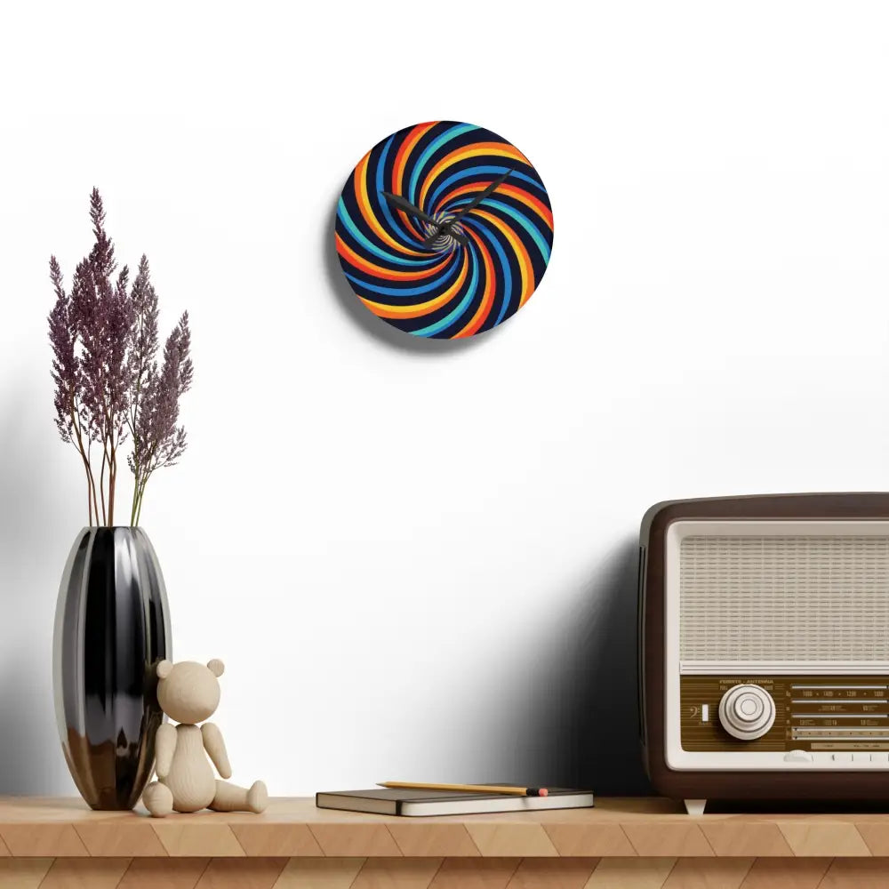 Colorful spiral wall clock from PixiOnyx with a vibrant acrylic Spirograph Swirl design