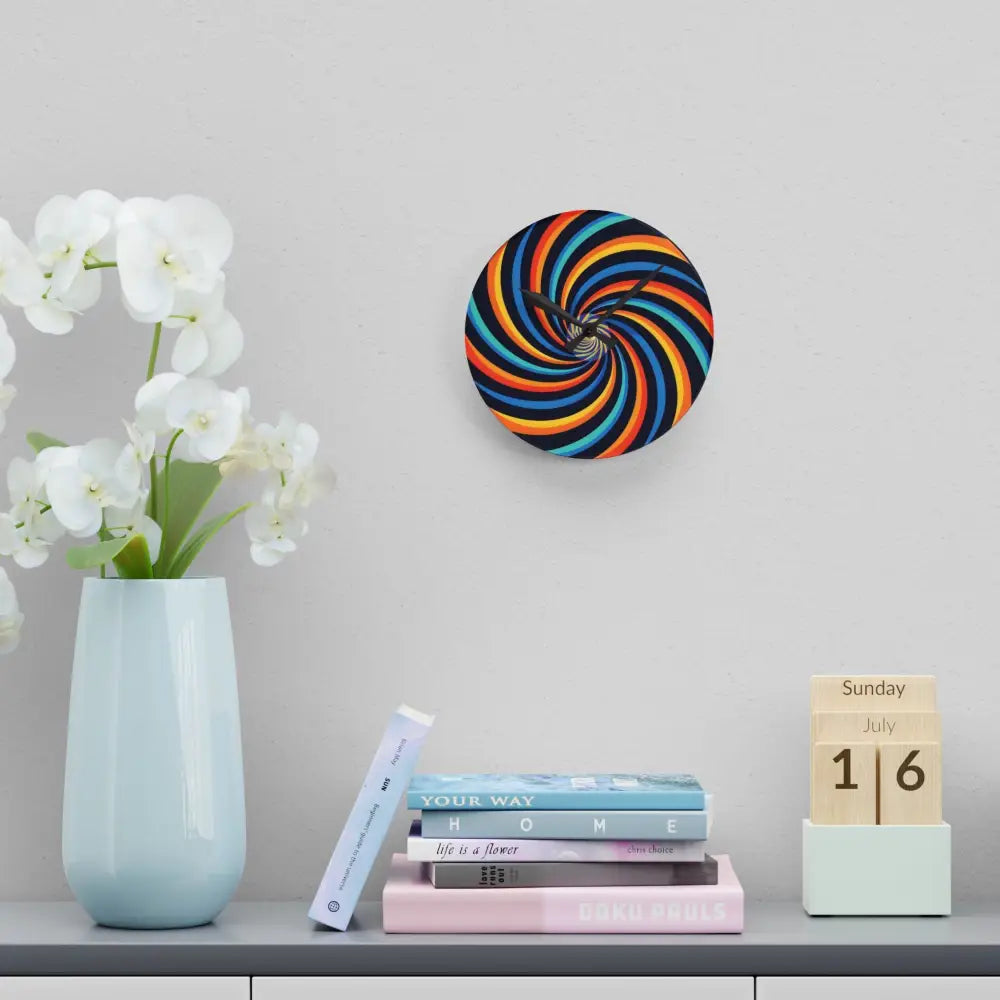 Colorful spiral wall clock from PixiOnyx Acrylic Wall Clock Spirograph Swirl collection