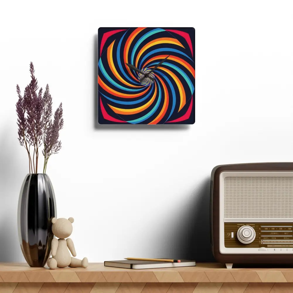 Square acrylic wall clock with colorful spiral design from PixiOnyx Spirograph Swirl collection