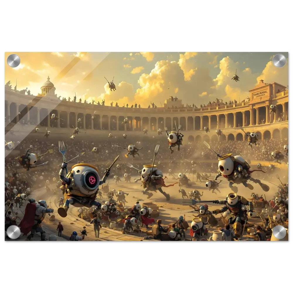 Futuristic robot gladiators in acrylic Warzone Art Battle of the Breakfast Bots display