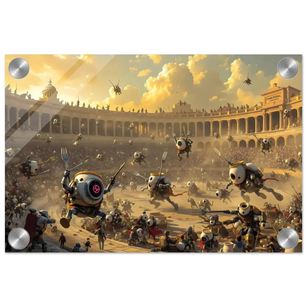 Robotic arena battle scene from Acrylic Warzone Art Battle of the Breakfast Bots PixiOnyx