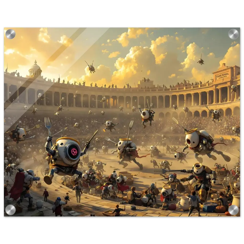 Robotic gladiatorial combat scene from Acrylic Warzone Art Battle of the Breakfast Bots
