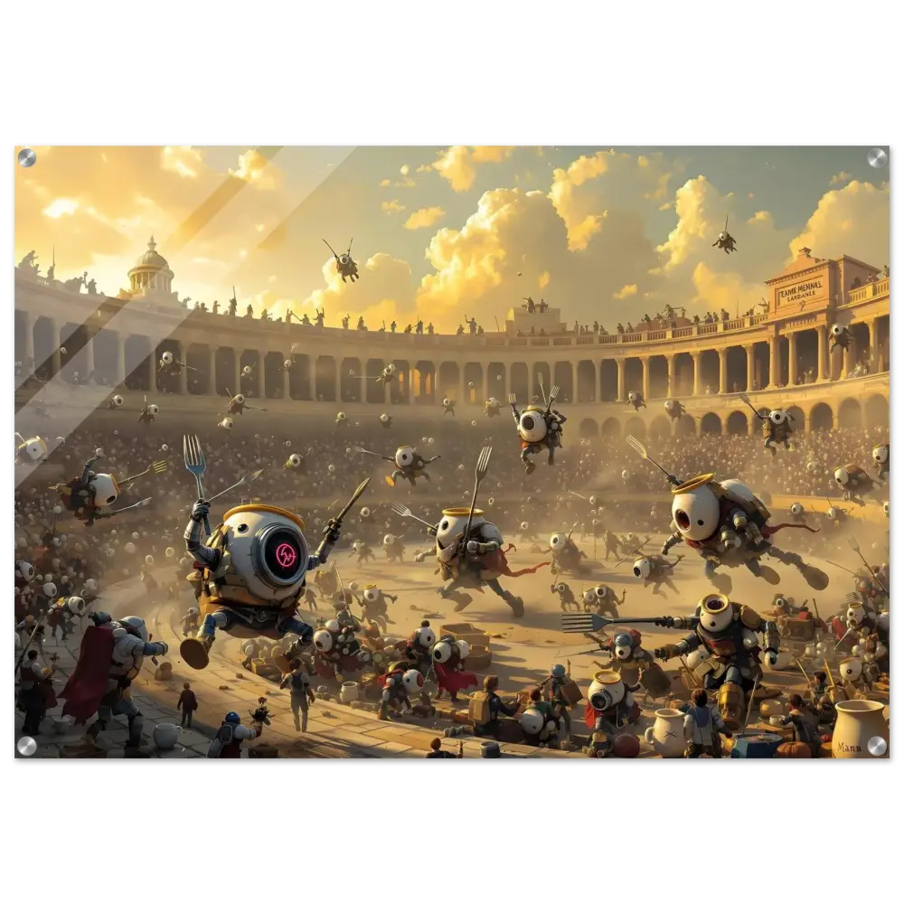 Robotic gladiatorial combat scene from Acrylic Warzone Art Battle of the Breakfast Bots