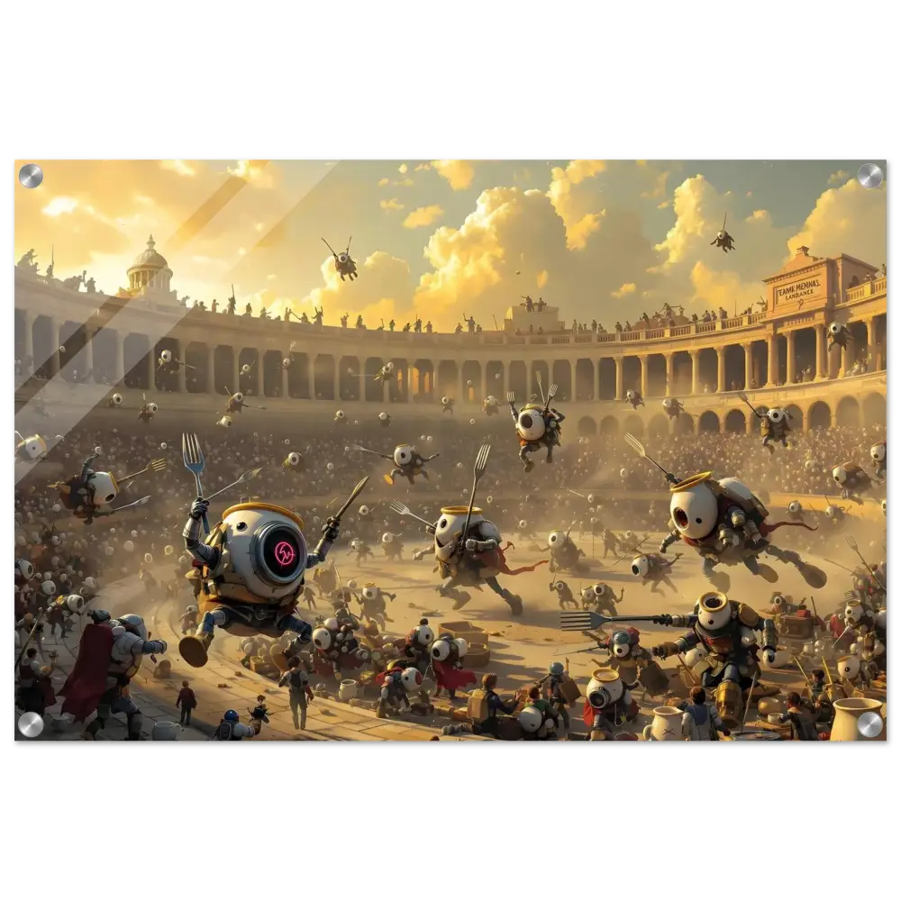 Robotic gladiatorial combat scene from Acrylic Warzone Art – Battle of the Breakfast Bots