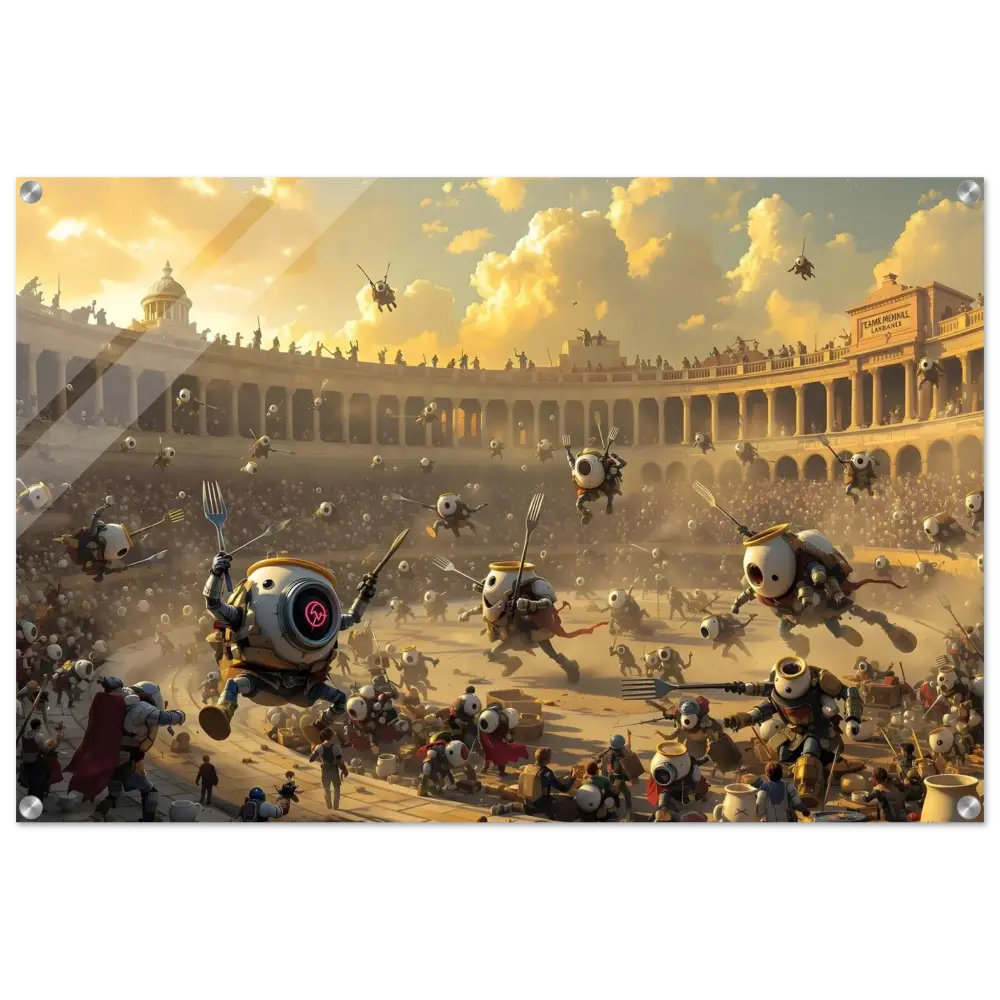 Robotic gladiatorial combat scene from Acrylic Warzone Art Battle of the Breakfast Bots