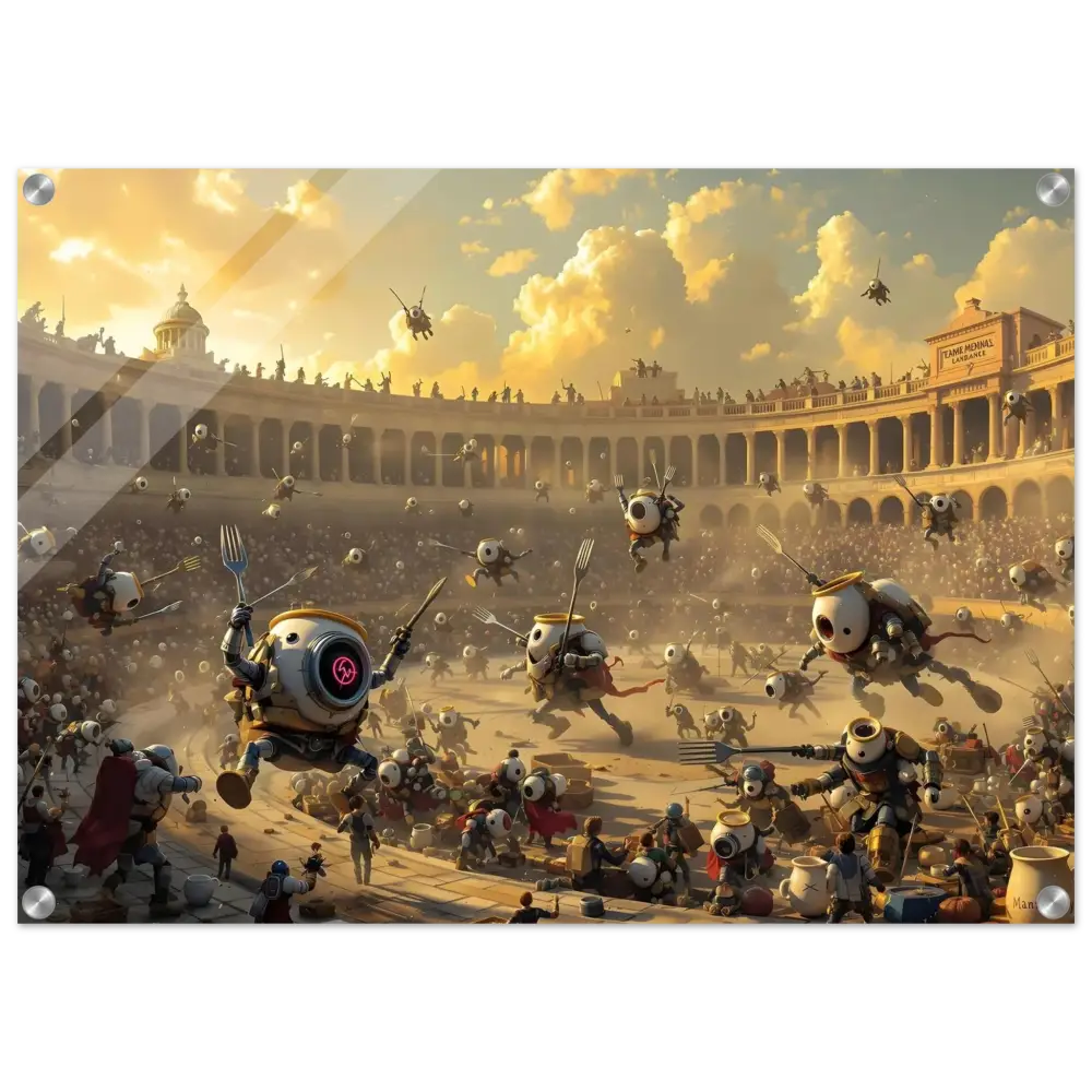 Robotic arena battle scene from Acrylic Warzone Art Battle of the Breakfast Bots PixiOnyx