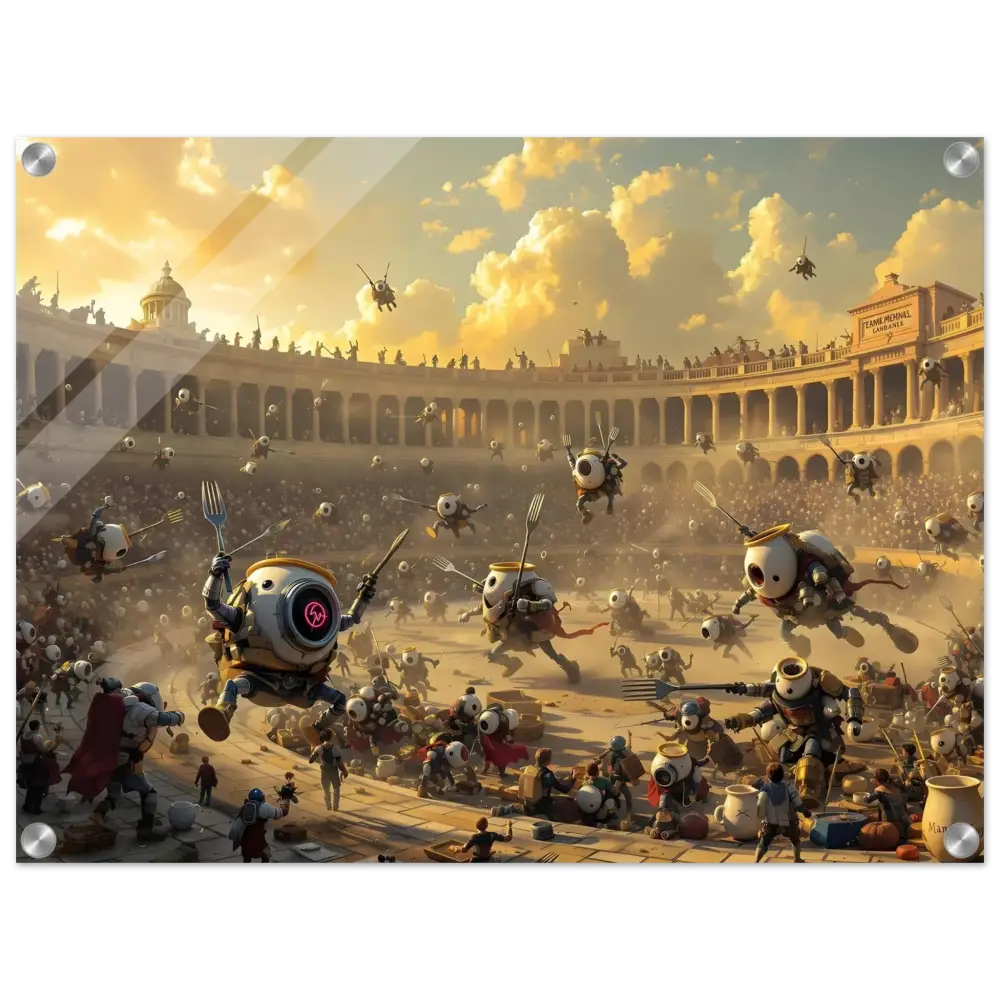 Futuristic gladiatorial combat scene from Acrylic Warzone Art Battle of the Breakfast Bots