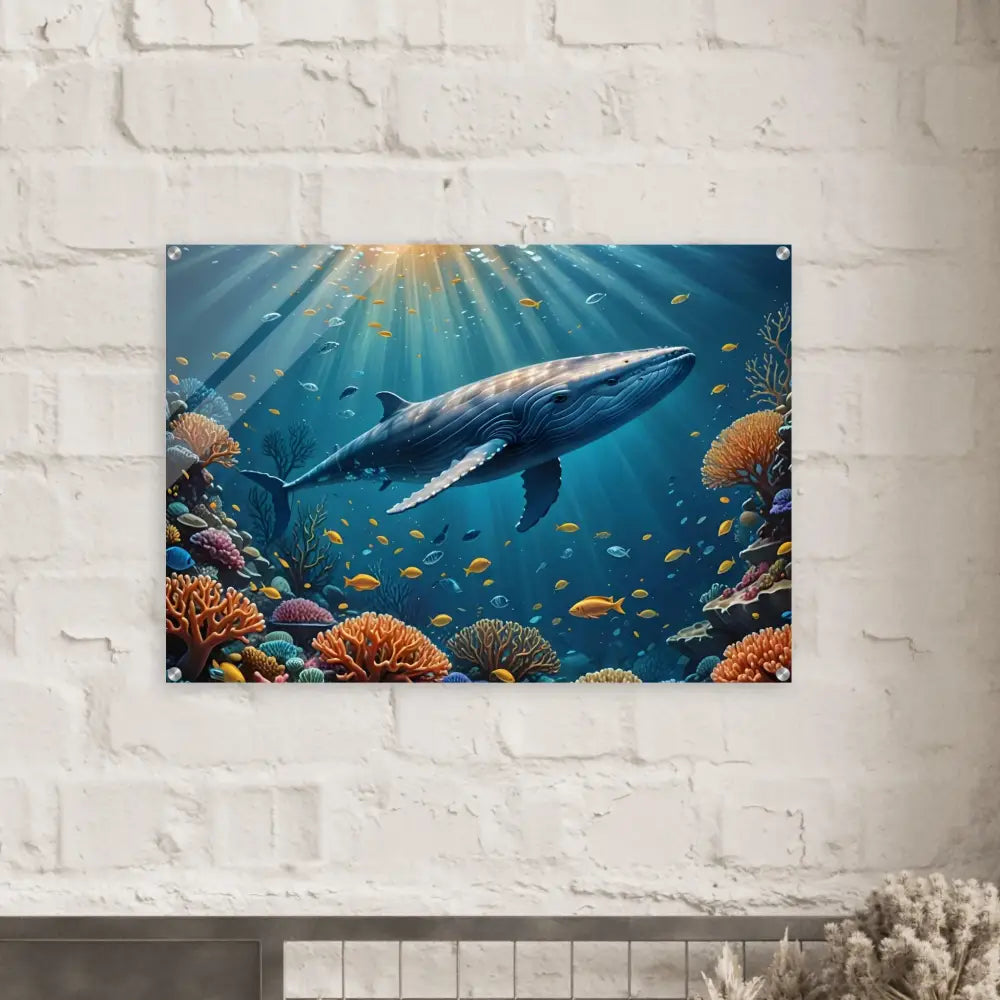 Acrylic whale and coral reef wall art with PixiOnyx glass finish named Prism Beneath the Waves