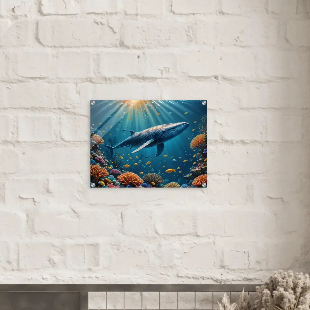 Acrylic whale art depicting a whale swimming in a vibrant coral reef with a PixiOnyx glass finish