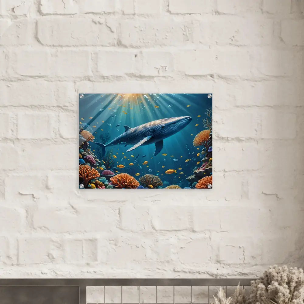 Acrylic whale art depicting a whale swimming in coral reef with prism effects