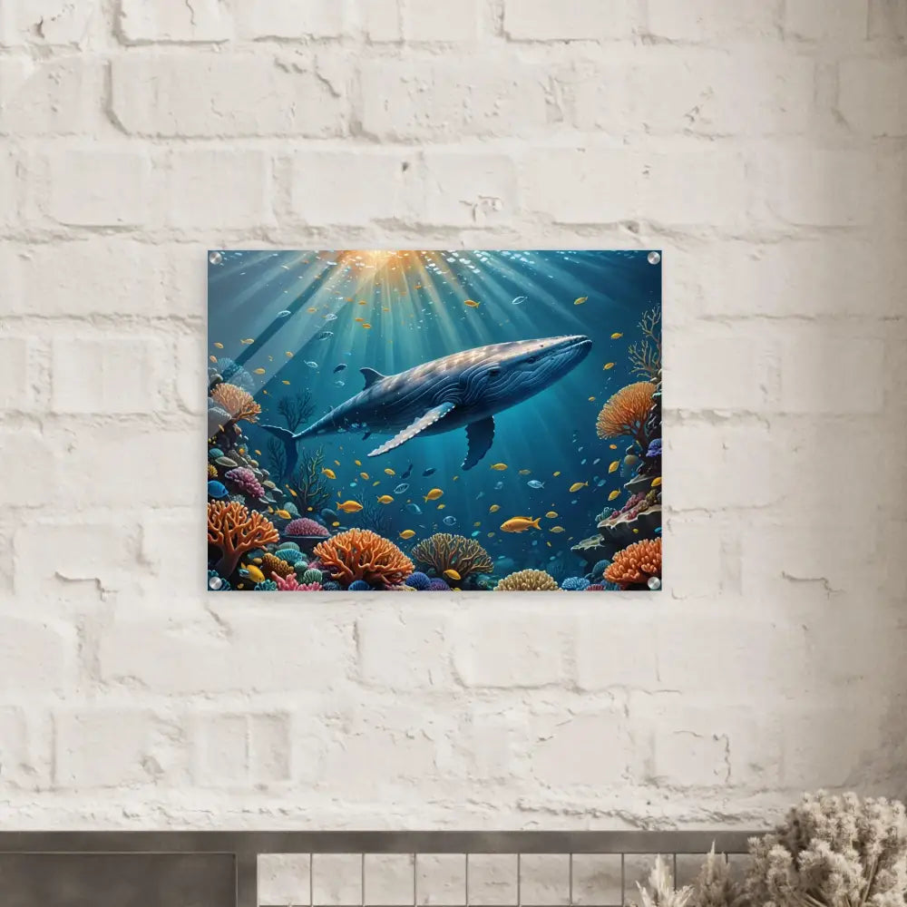 Acrylic Whale Art featuring a whale swimming near a coral reef with a Prism Beneath the Waves finish