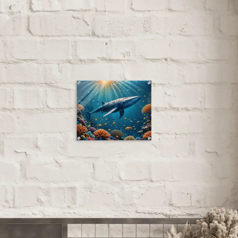 Acrylic Whale Art featuring a whale swimming in a vibrant coral reef scene with PixiOnyx glass finish