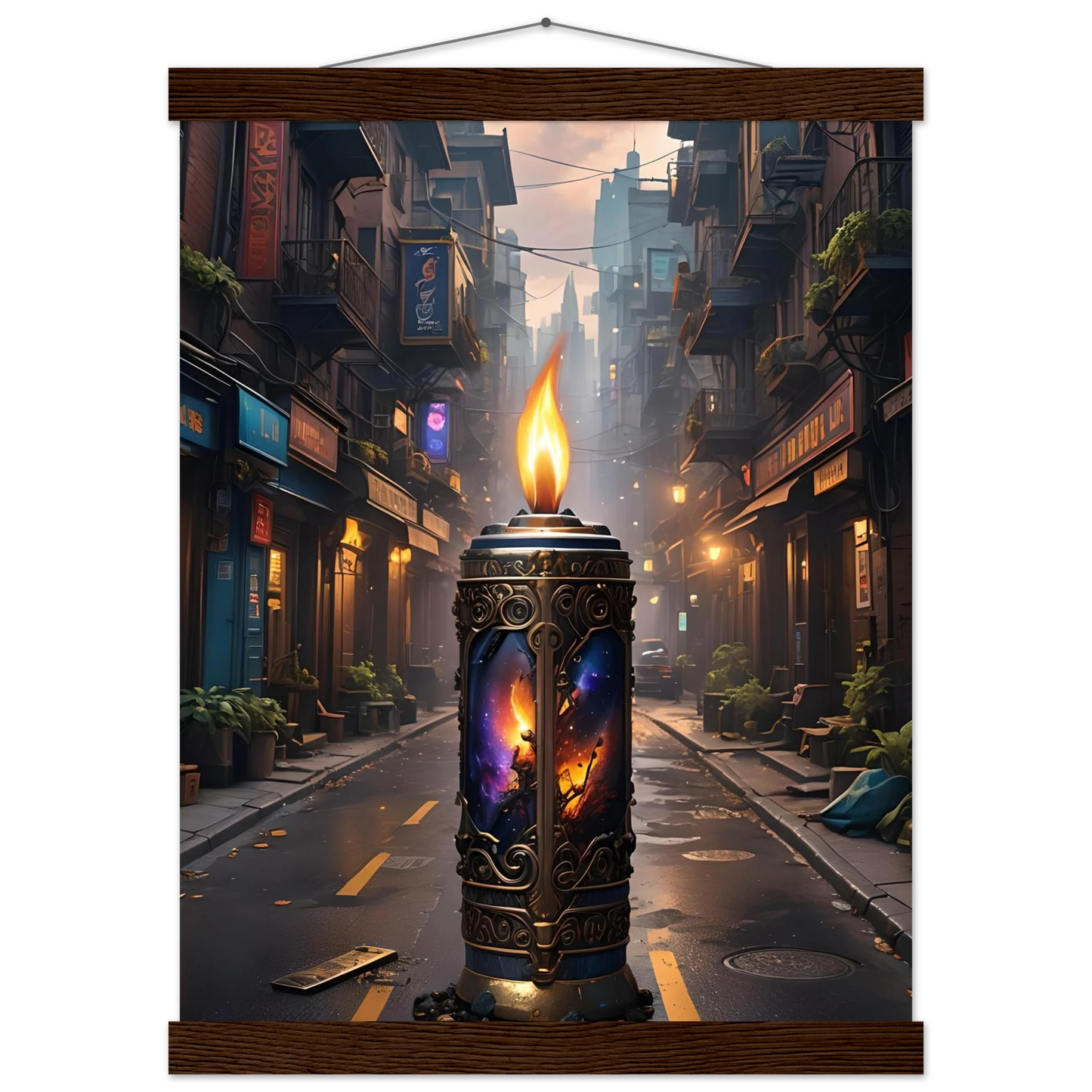 Ornate candle with cosmic imagery on Galactic Flame Hanging Matte Poster PixiOnyx Exclusive