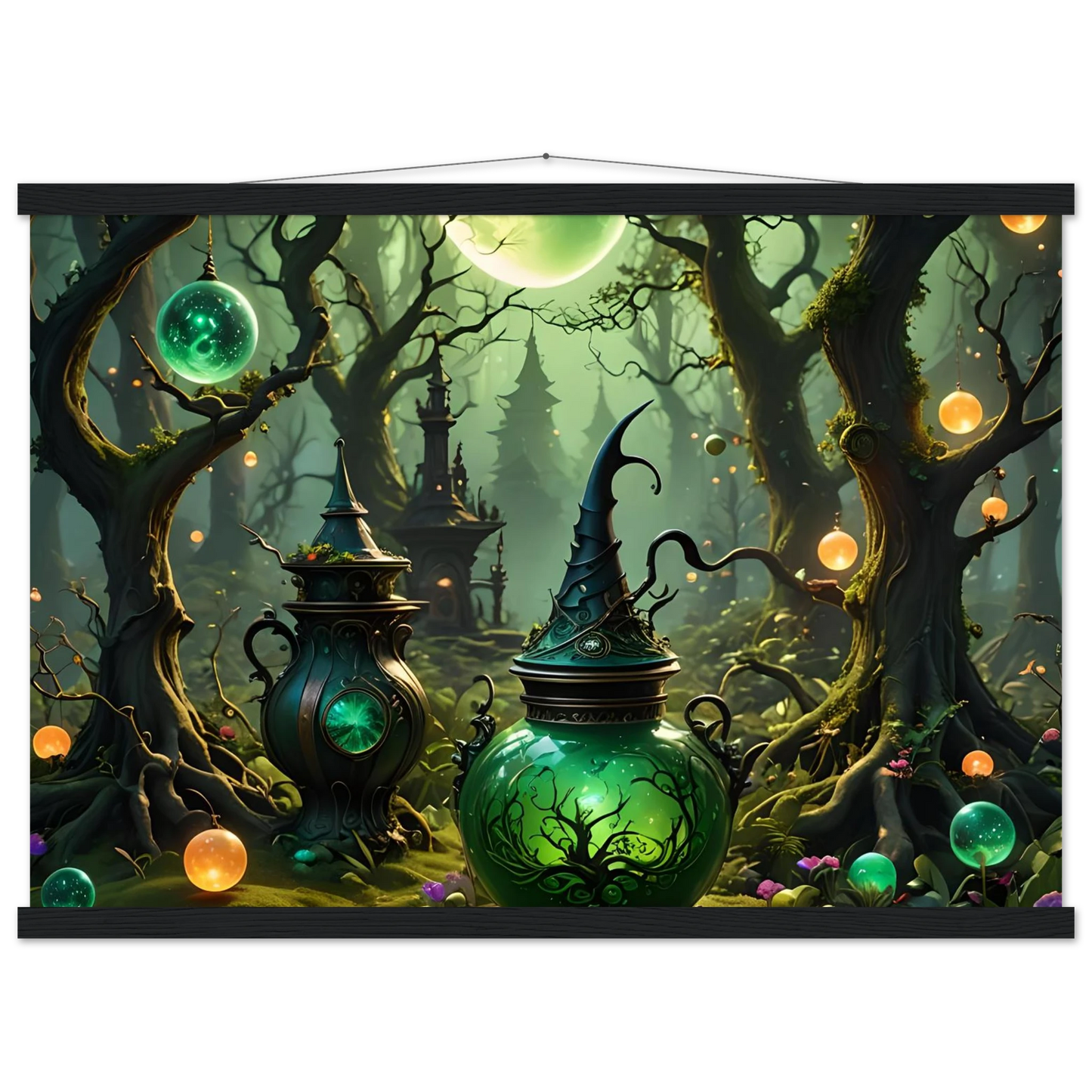 Enchanted green potion bottles displayed on Witchcraft Forest Hanging Poster with matte fantasy art