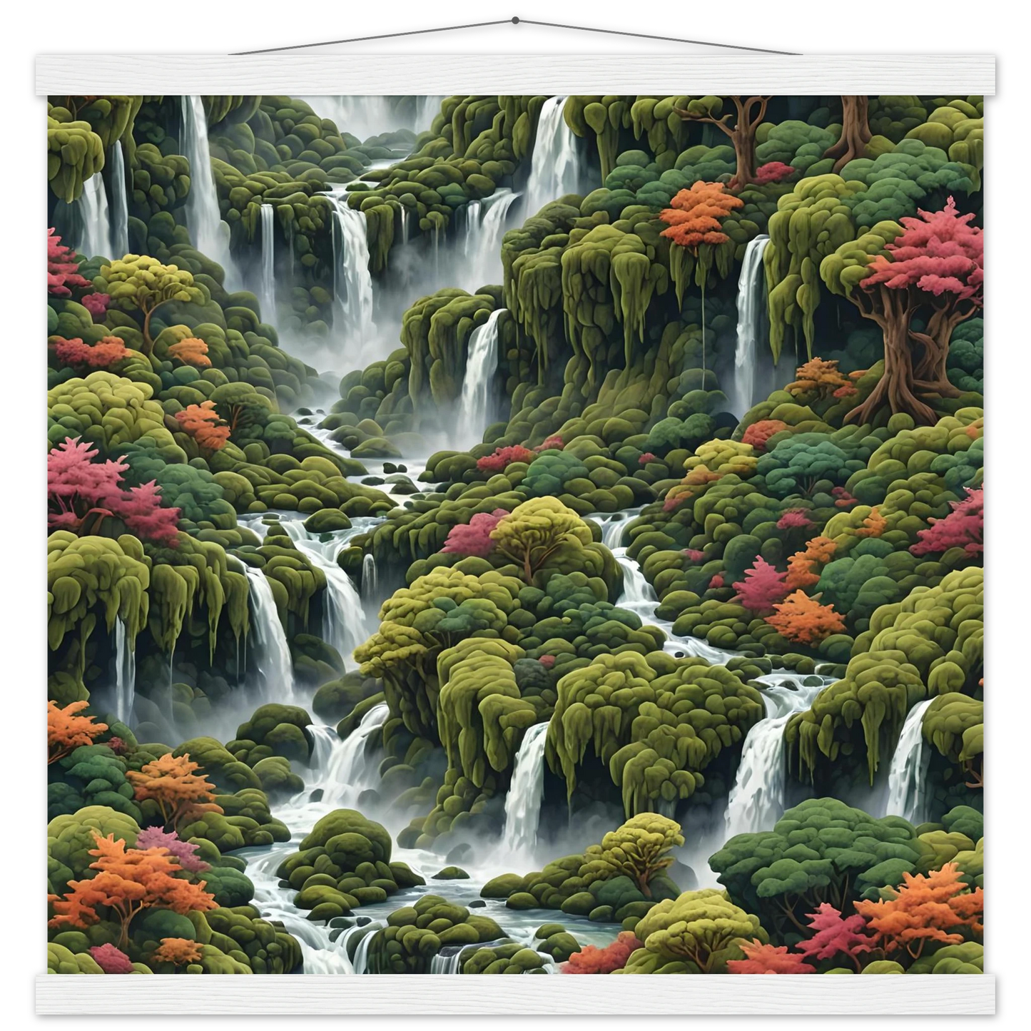 Lush waterfall landscape tapestry displayed as Moss Cascade poster with hanger by PixiOnyx