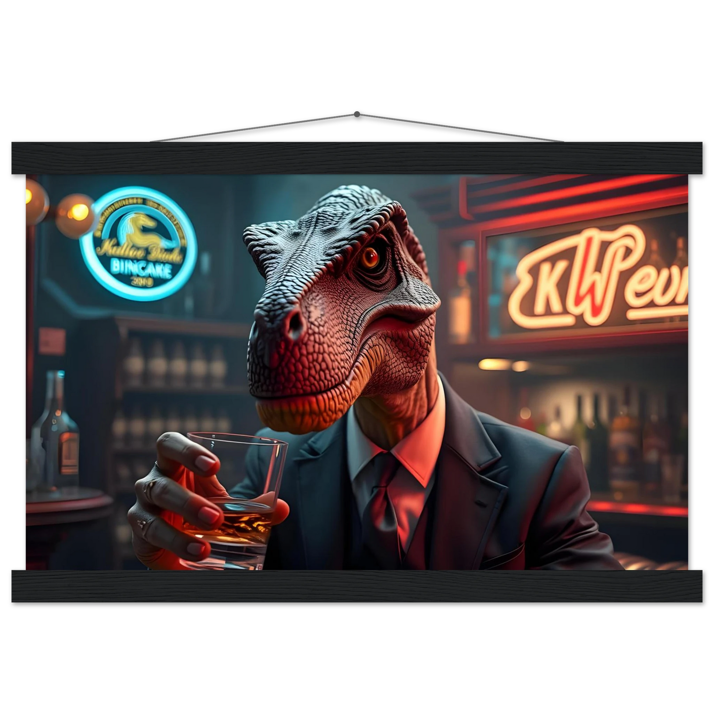 Dinosaur in a suit drinking whiskey on PixiOnyx Hanging Poster Whiskey Raptor print