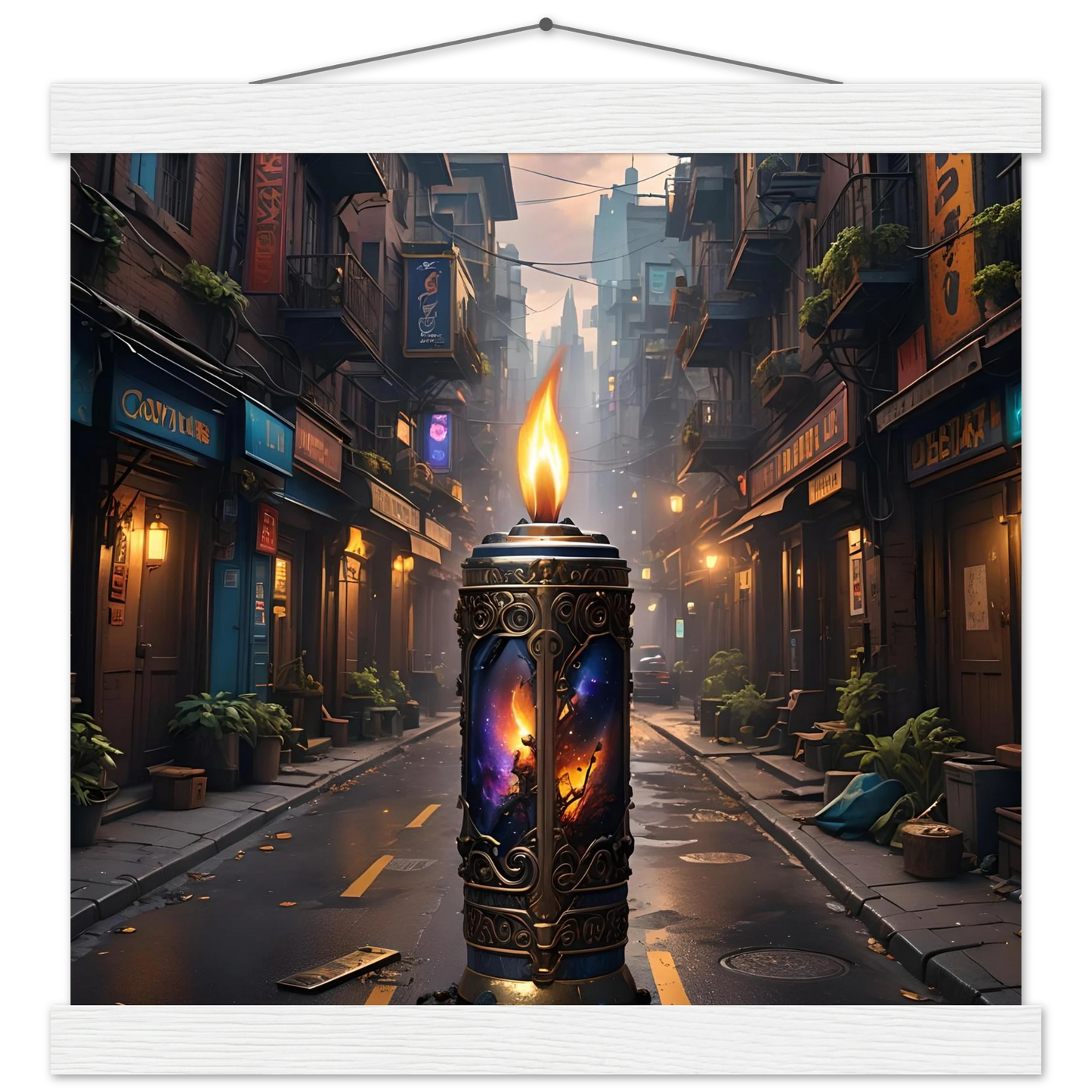 Ornate candle with cosmic imagery for Galactic Flame Hanging Matte Poster by PixiOnyx