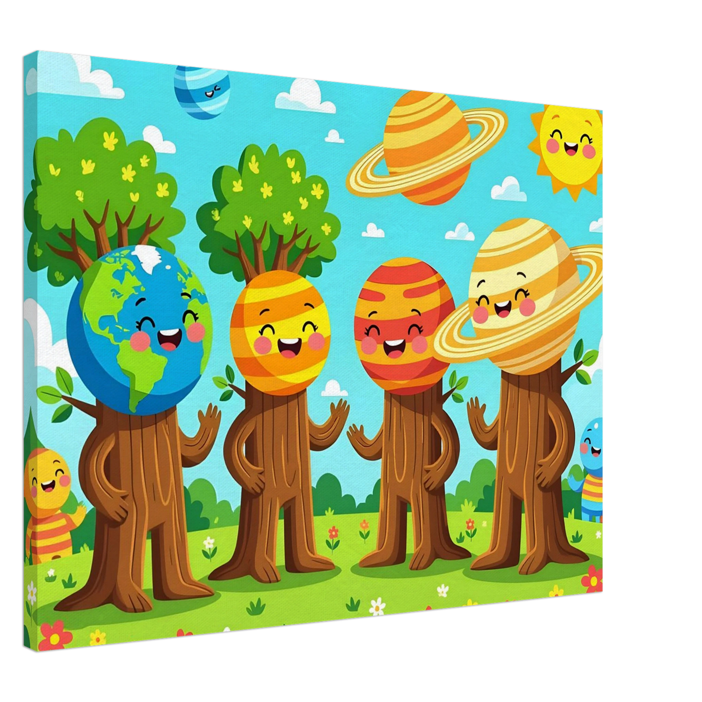 Cartoon planet-headed tree characters from Canvas Cosmic Tree Friends PixiOnyx Stellar Kids Art