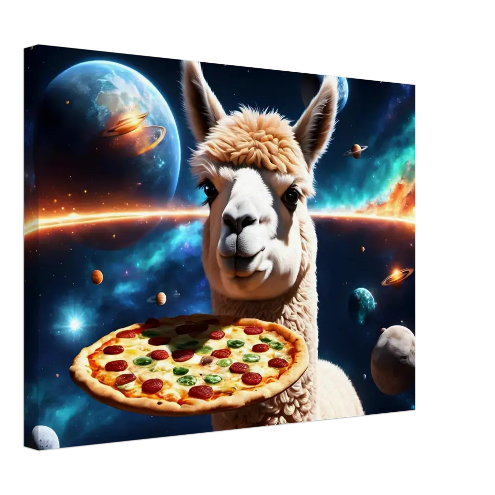 Llama holding pepperoni pizza on Alpaca Pizza Canvas from PixiOnyx Surrealist Wall Art