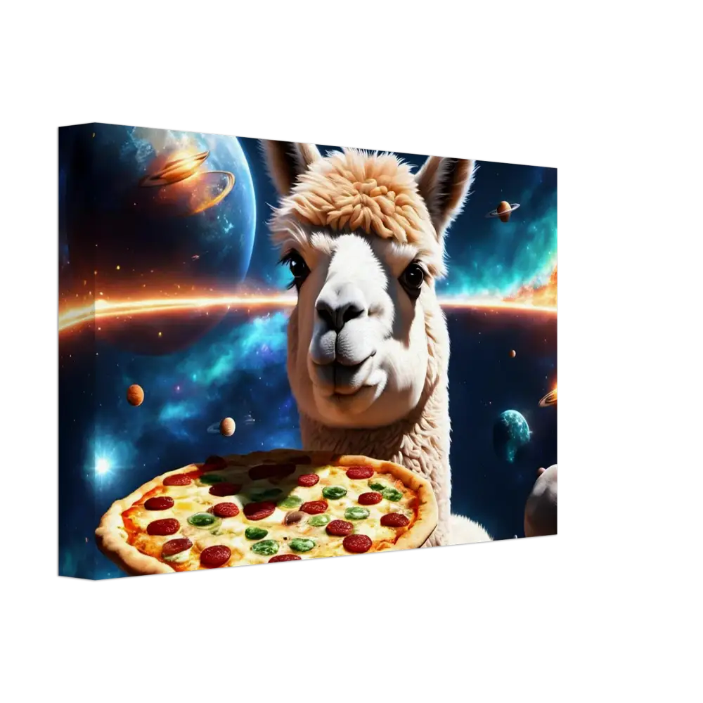 Llama holding pizza in space for Alpaca Pizza Canvas Deep Space Delivery SiFi Wall Art