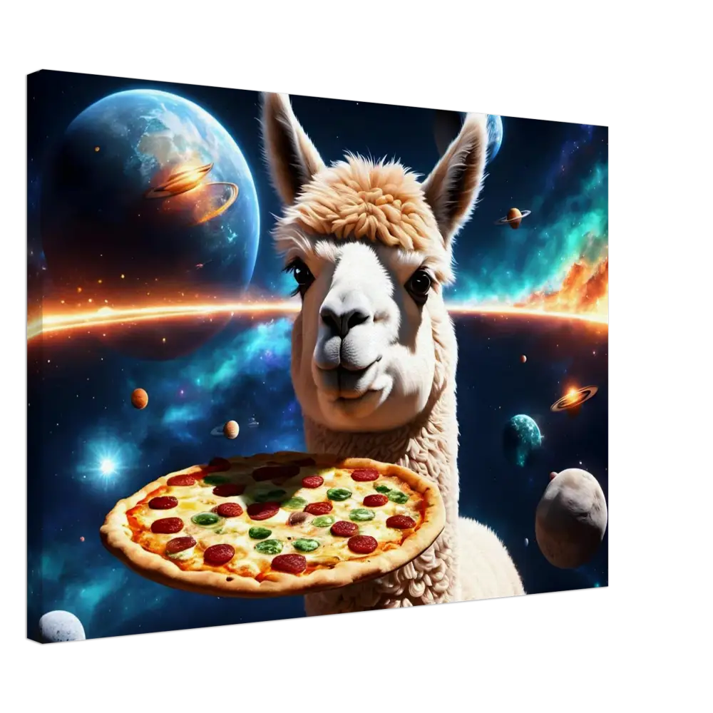 Llama holding pizza in space artwork for Alpaca Pizza Canvas Deep Space Delivery