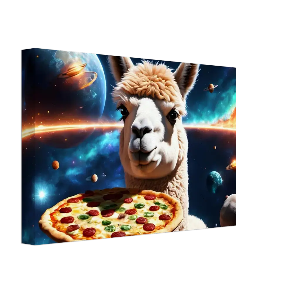 Llama holding pizza in space displayed on Alpaca Pizza Canvas Surrealist Wall Art
