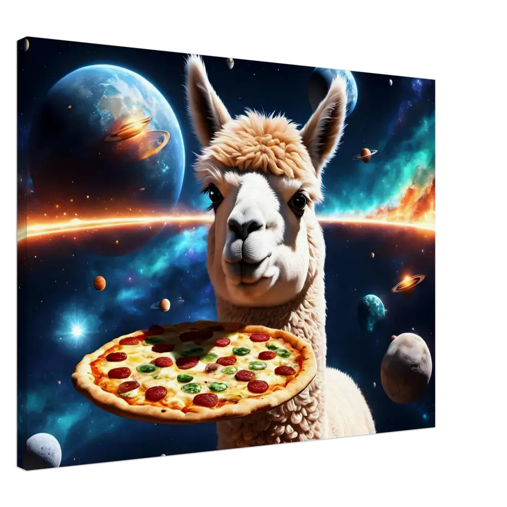 Llama holding pepperoni pizza on Alpaca Pizza Canvas Deep Space Delivery Surrealist Wall Art