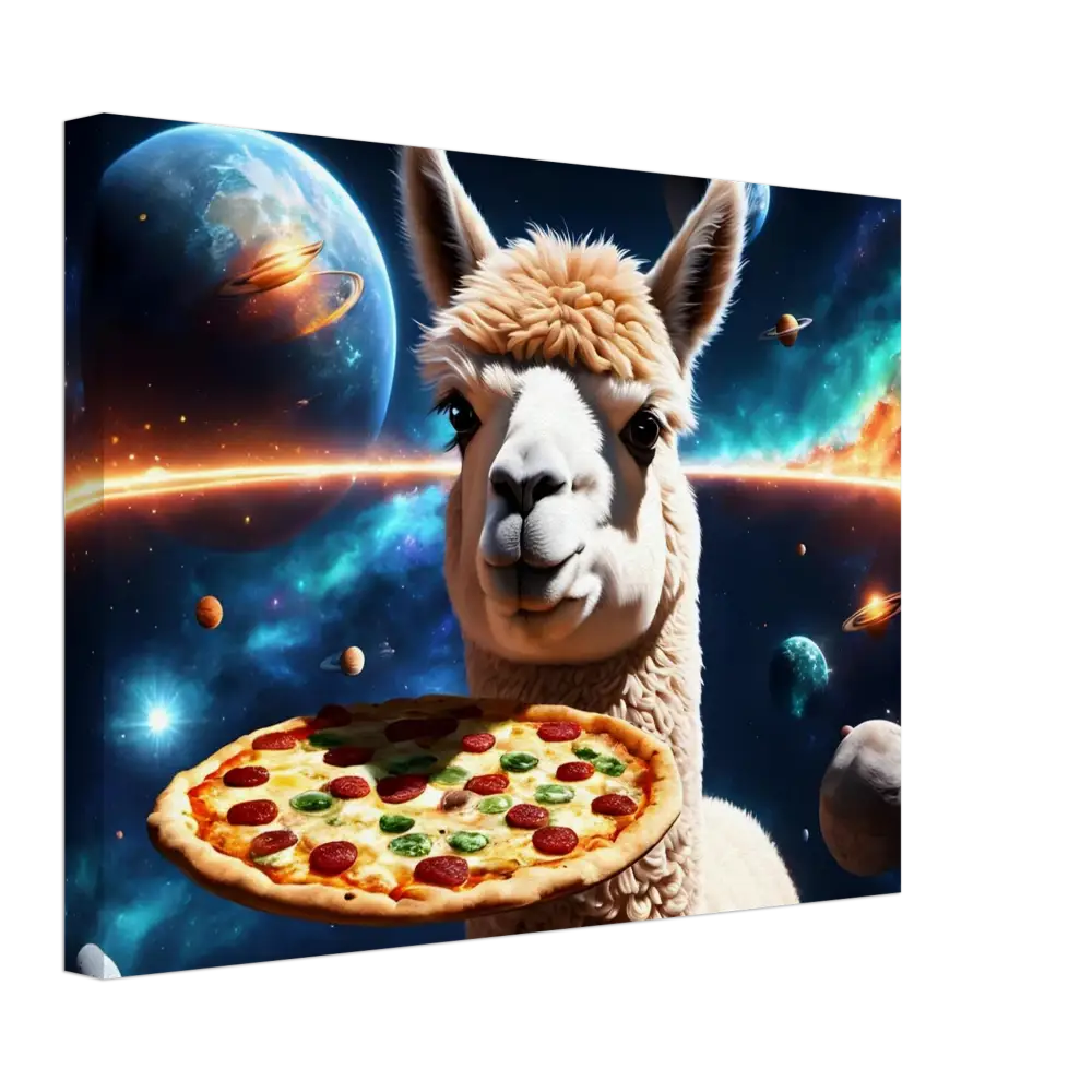 Llama holding a pizza in space on Alpaca Pizza Canvas Deep Space Delivery Surrealist Wall Art