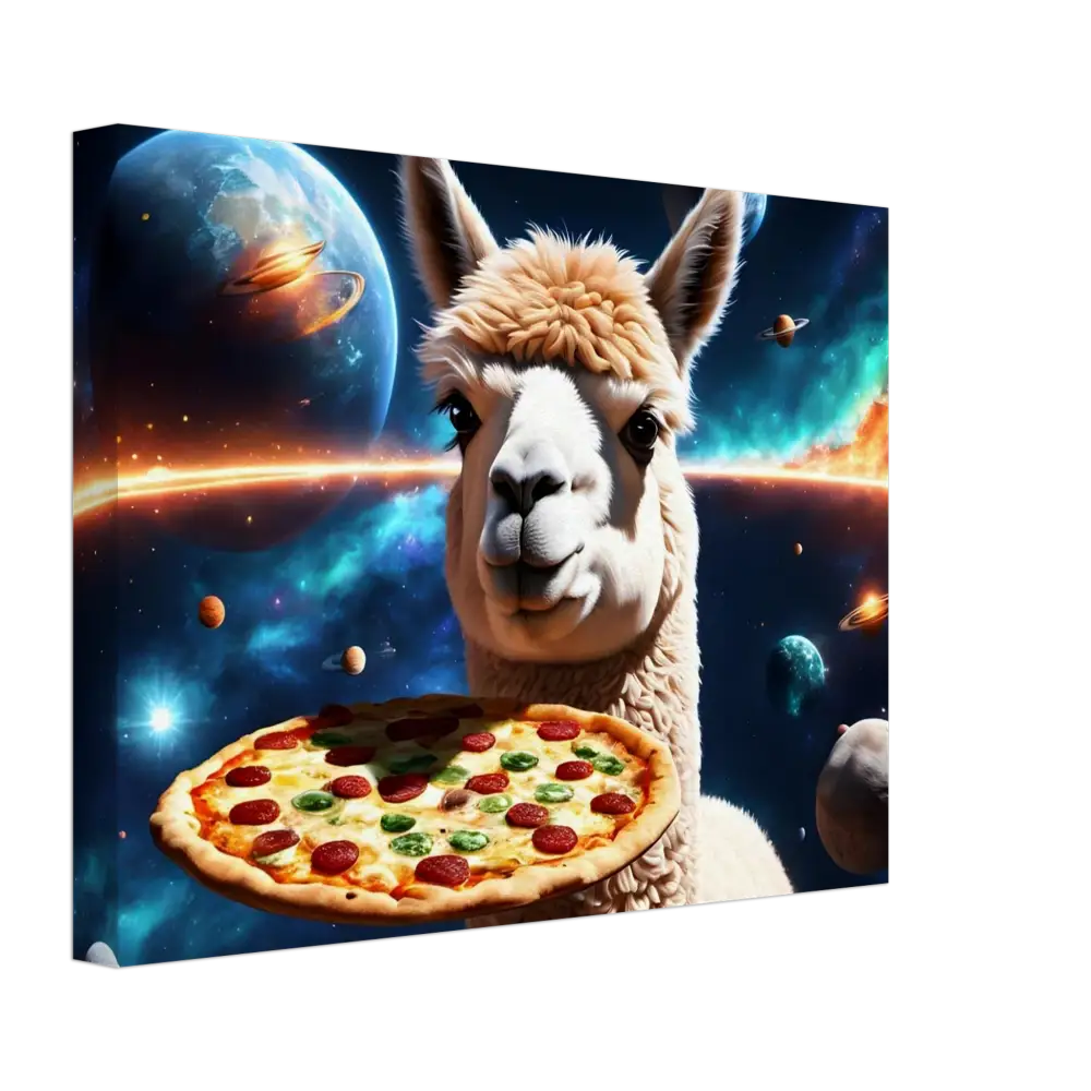 Llama holding pizza in space on Alpaca Pizza Canvas Deep Space Delivery Surrealist Wall Art