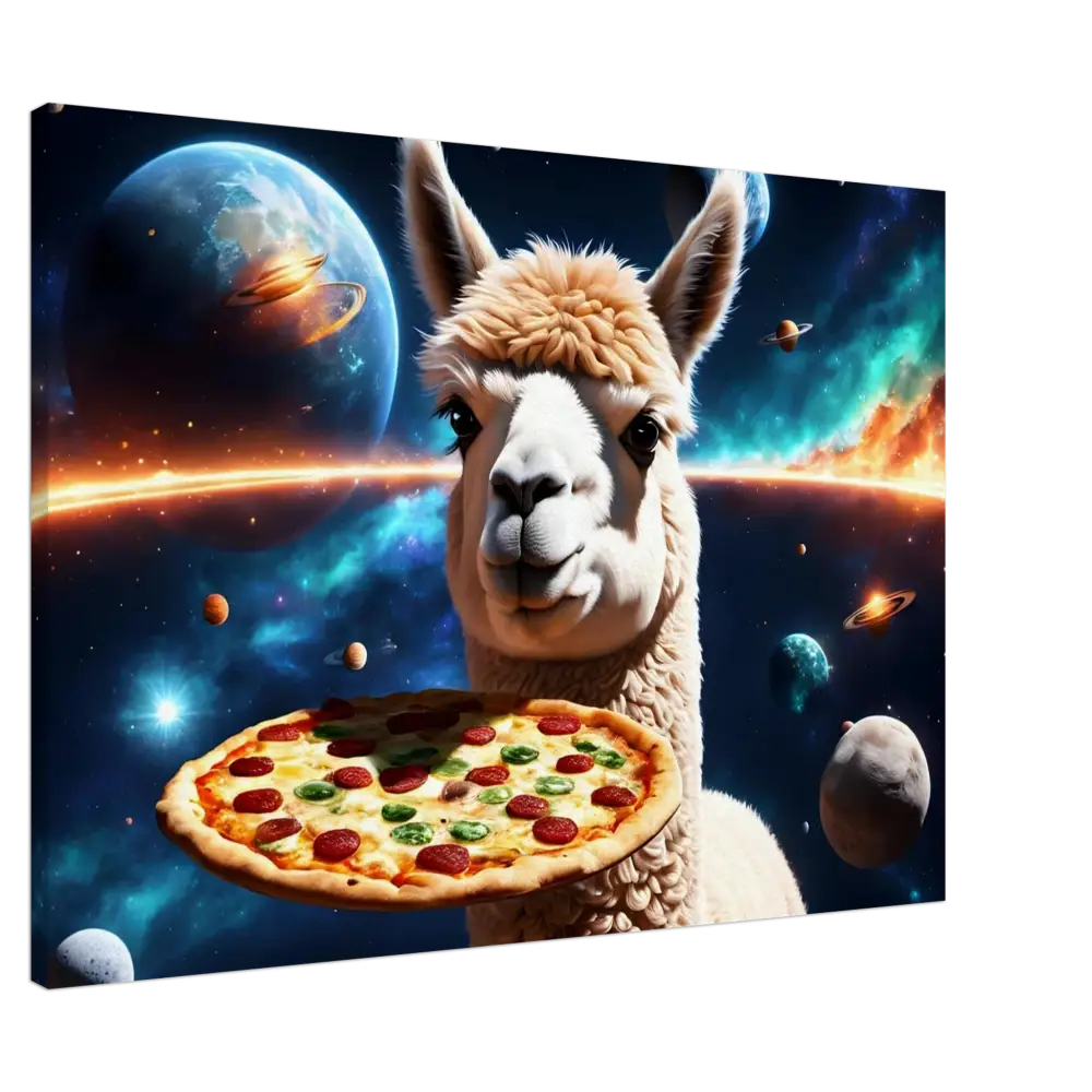 Llama holding pizza in space for Alpaca Pizza Canvas Deep Space Delivery PixiOnyx art