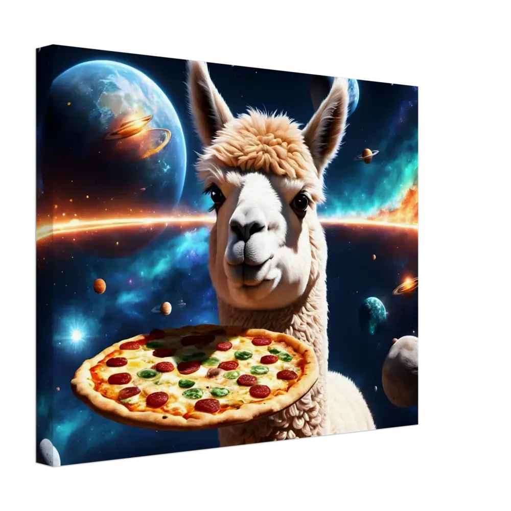 Llama holding pizza in space for Alpaca Pizza Canvas Deep Space Delivery Wall Art