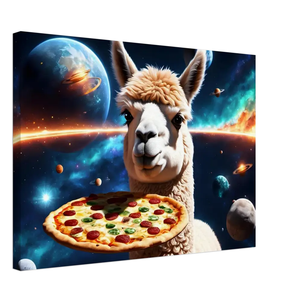 Llama holding pepperoni pizza on PixiOnyx Alpaca Pizza Canvas Deep Space Delivery wall art