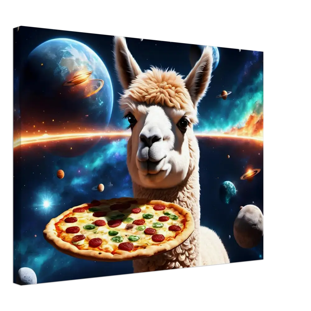 Llama holding pizza in space for Alpaca Pizza Canvas Deep Space Delivery Surrealist Wall Art