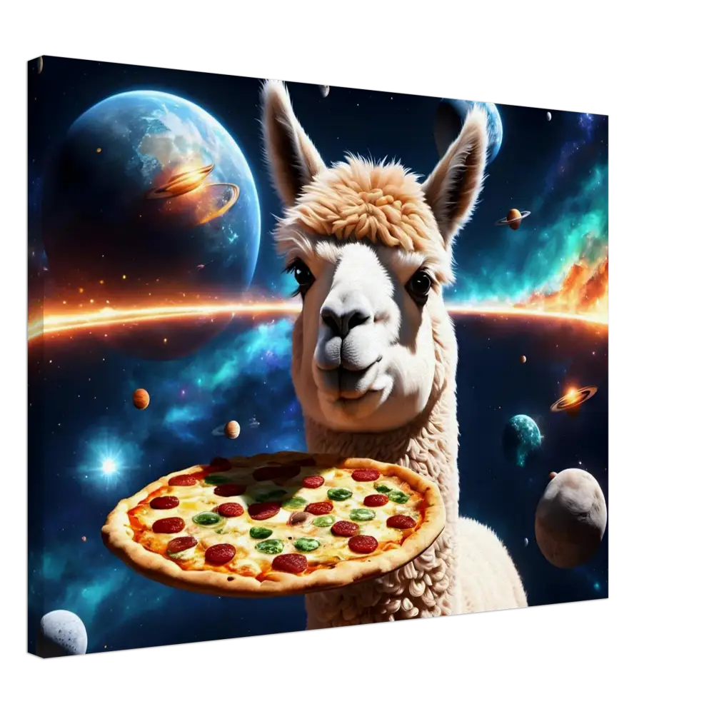 Llama holding a pizza in space for Alpaca Pizza Canvas Surrealist Wall Art