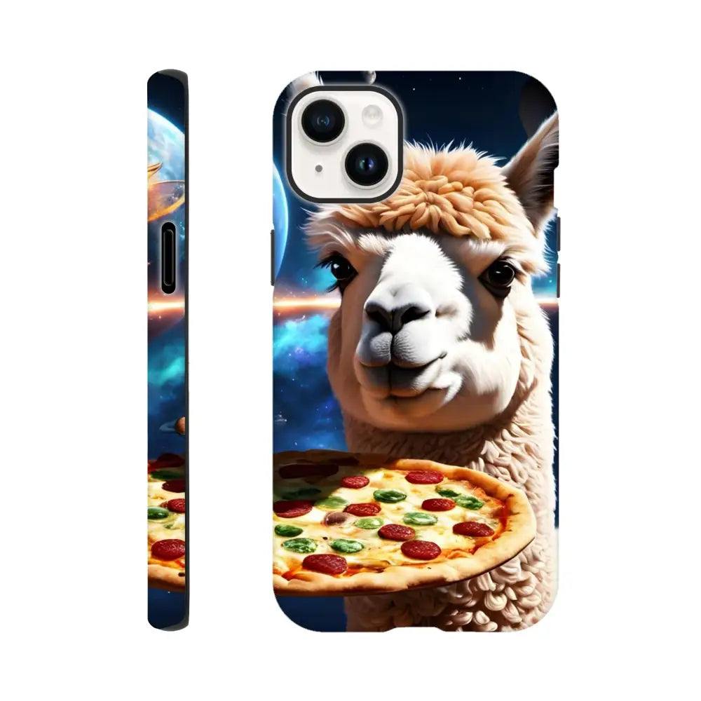 Llama and pizza phone case for iPhone shown on Alpaca Pizza Deep Dish Defender cover
