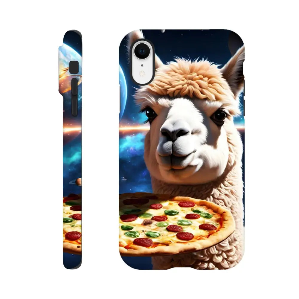 Llama pizza phone case for iPhone featuring Alpaca Pizza design on PixiOnyx Cosmic Cover
