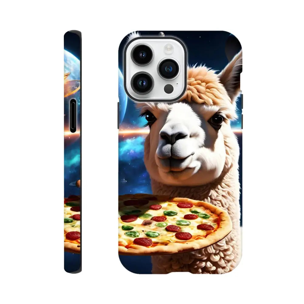 Alpaca holding pizza phone case on PixiOnyx Cosmic Cover for iPhone