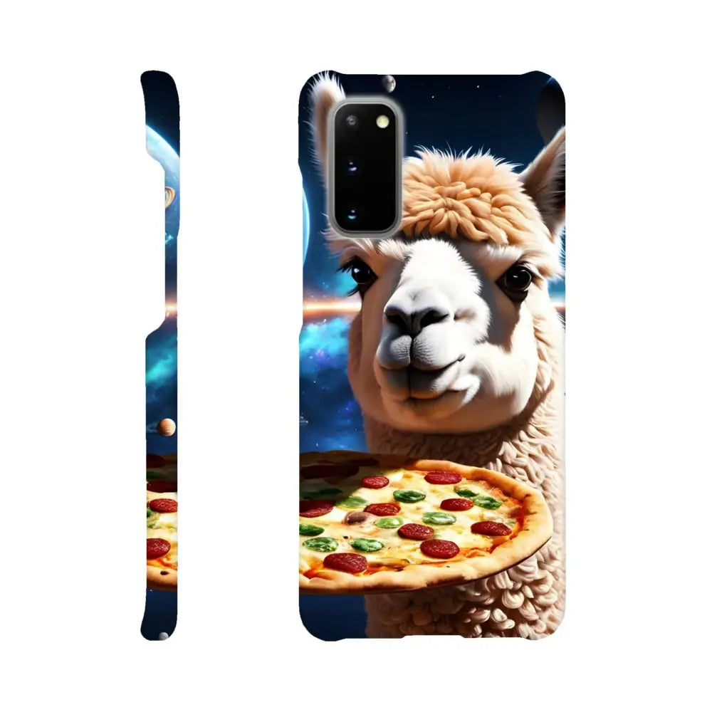 Alpaca holding a pizza-shaped phone case on Cosmic Crust Wrap Galaxy Shell