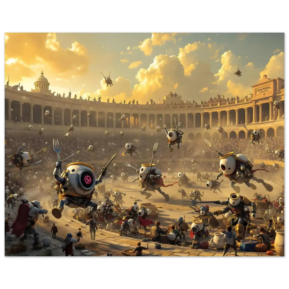 Robotic gladiatorial combat in the Aluminum Bot Arena Print Battle of the Breakfast Bots