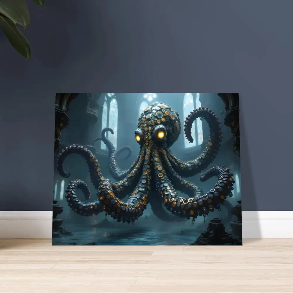 Steampunk-style octopus artwork on Aluminum Clocktopus Print Deep Sea Mechanica PixiOnyx