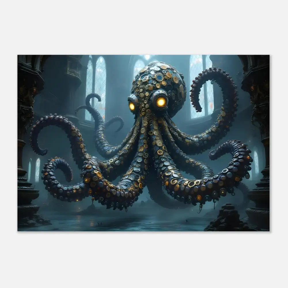 Steampunk-style octopus with glowing eyes on Aluminum Clocktopus Print Deep Sea Mechanica