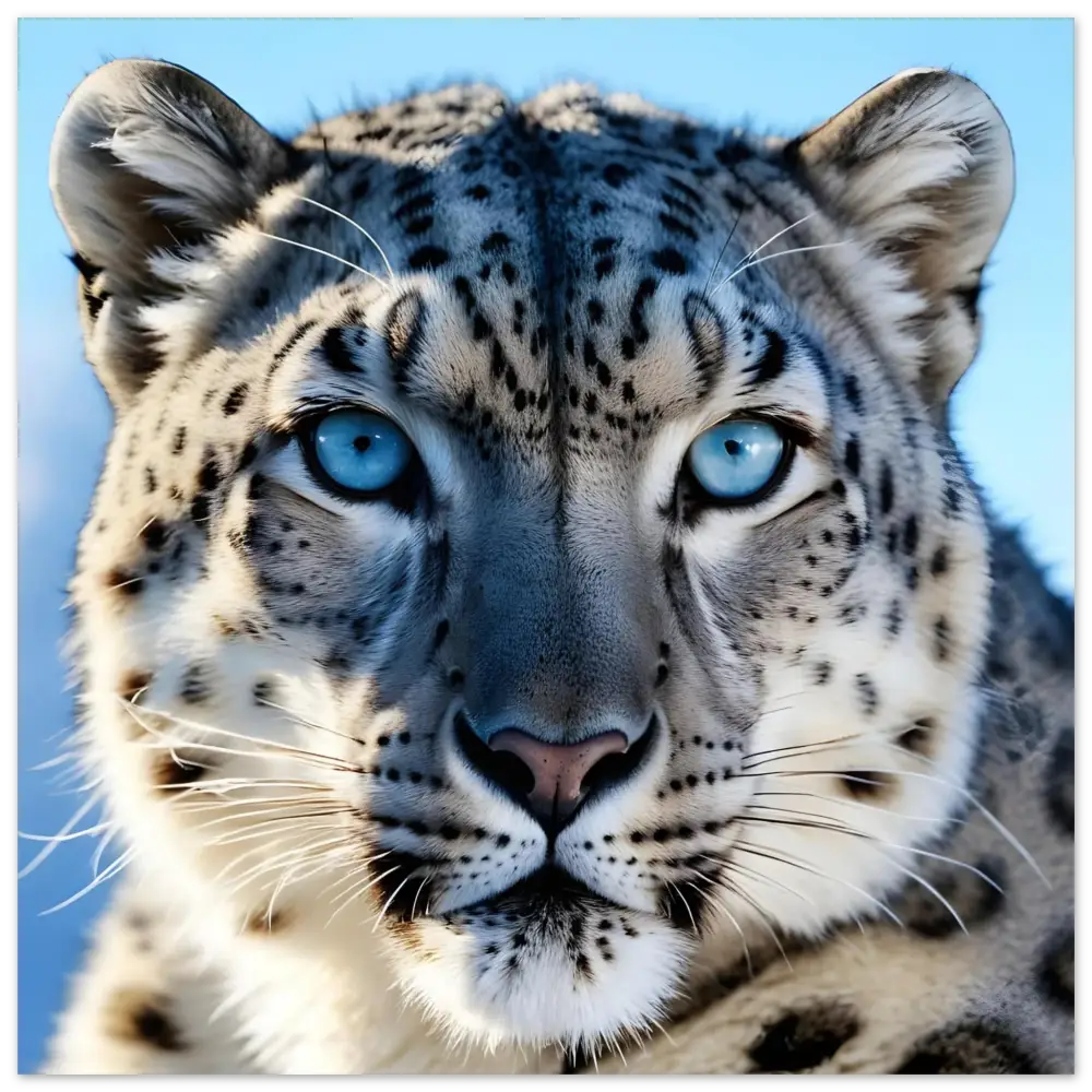 Snow leopard with intense blue-eyed gaze on PixiOnyx Metal Predator Panel Glacier Gaze