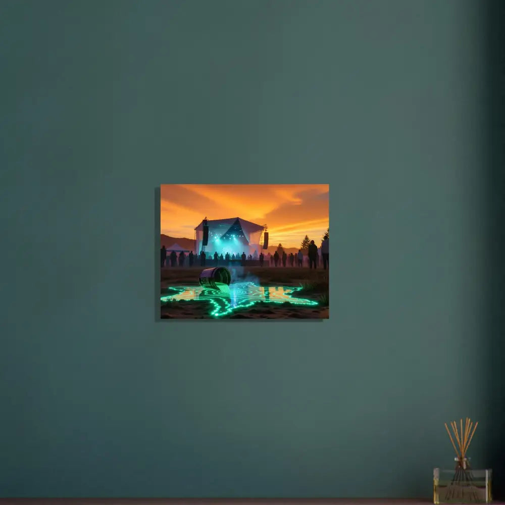 Aluminum Neon Spill Art Festival scene artwork glowing on PixiOnyx Radiant Metal Print