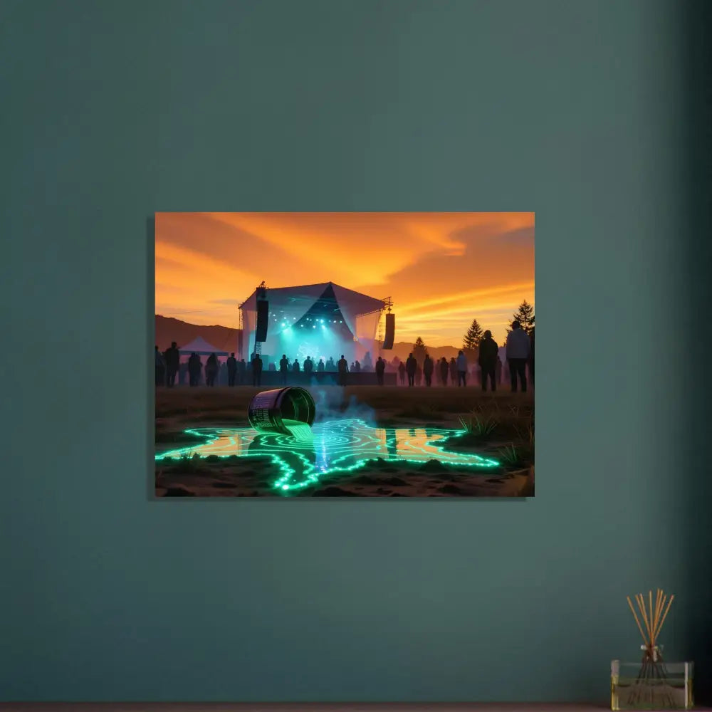 Framed concert scene with spilled neon liquid on PixiOnyx Radiant Metal Print