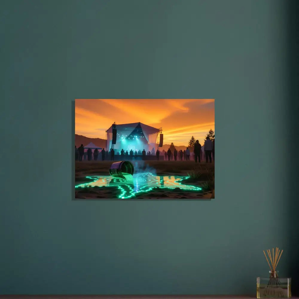 Framed Neon Spill Art scene with green liquid spill on PixiOnyx Festival Glowscape metal print