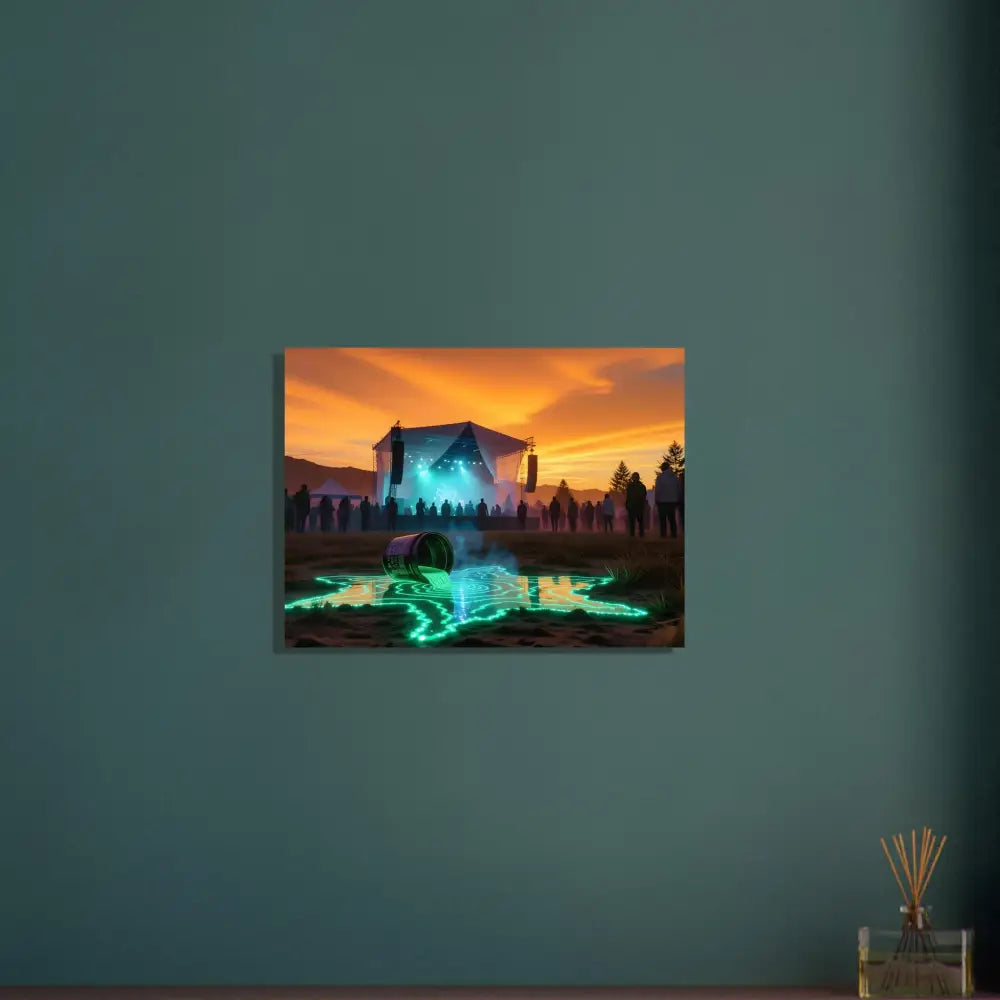 Illuminated concert scene canvas displayed on Aluminum Neon Spill Art Festival Glowscape