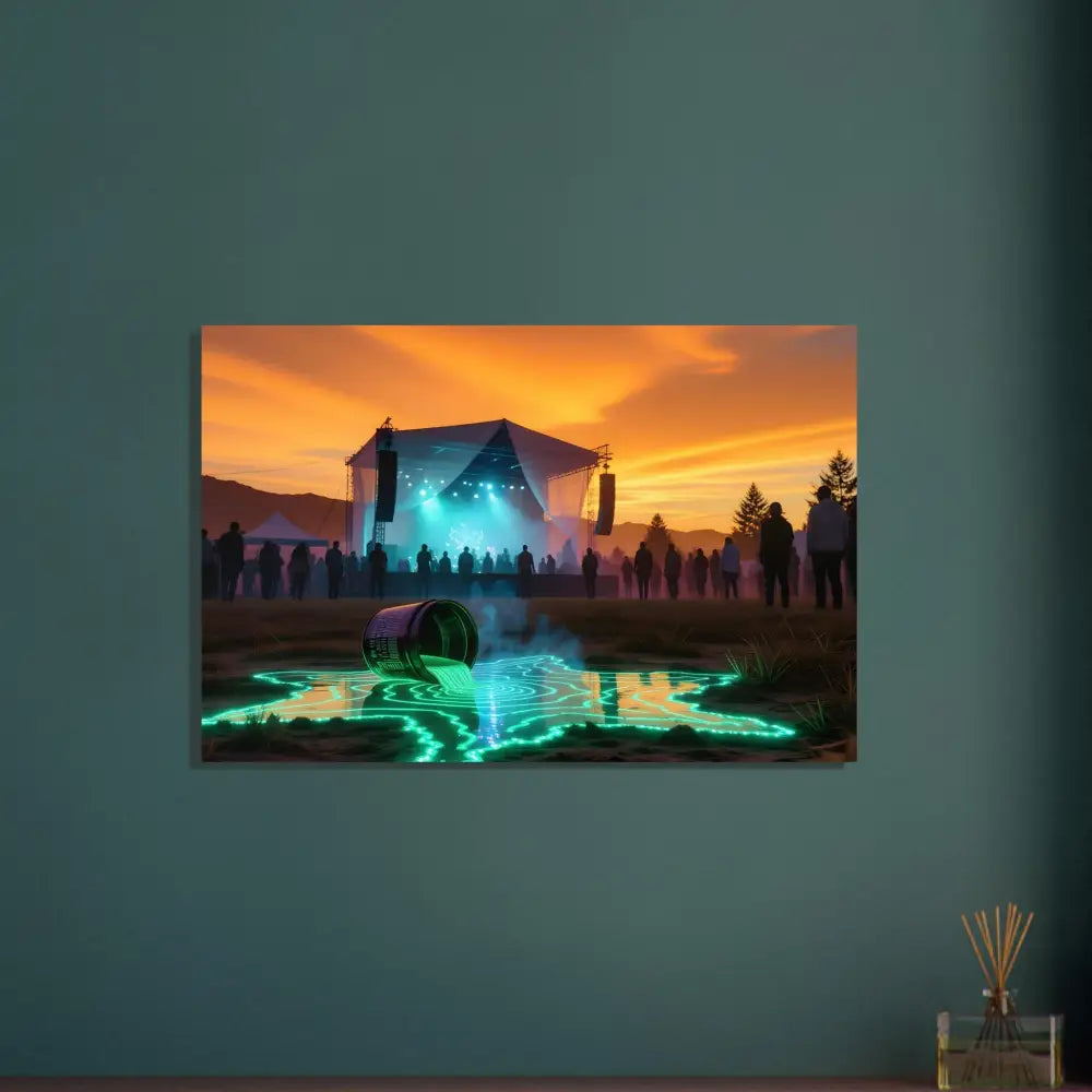 Vibrant concert scene canvas displayed on Aluminum Neon Spill Art Festival Glowscape Metal Print