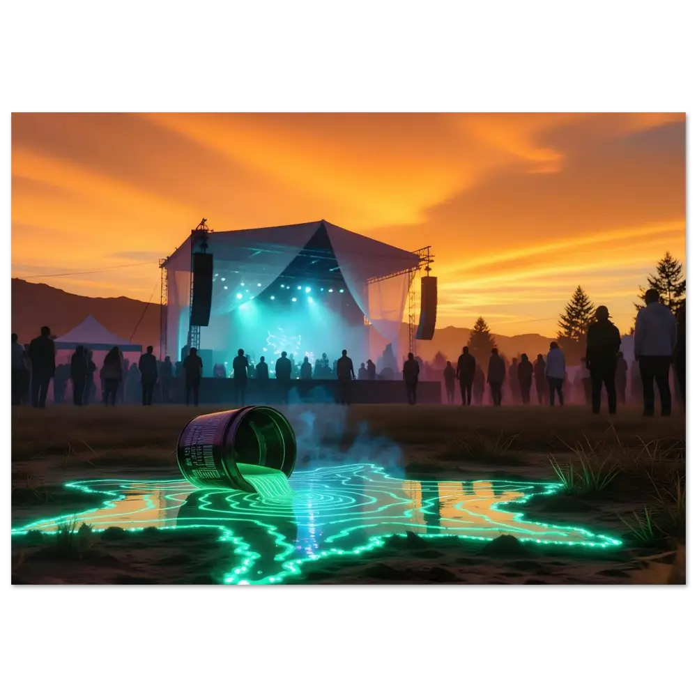 Spilled glowing green neon liquid from a can on a PixiOnyx Radiant Metal Print